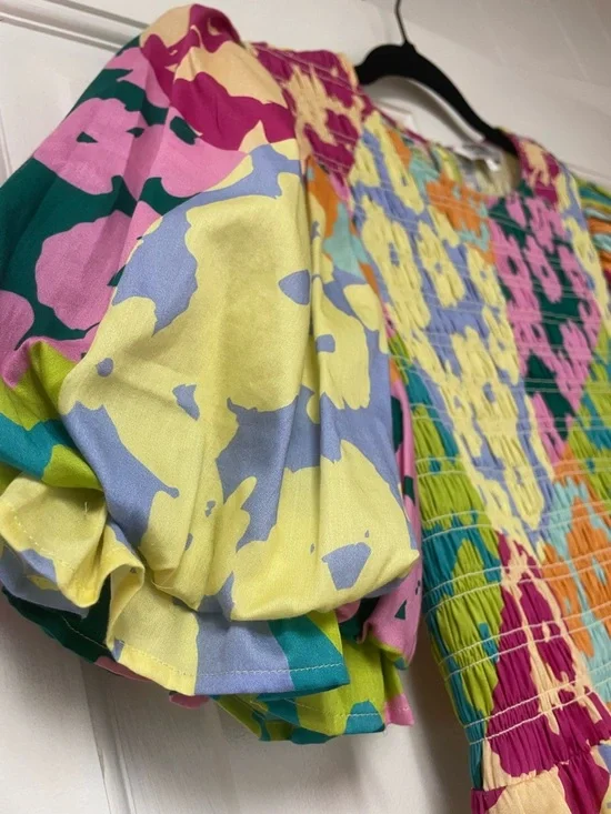 Crosby by Mollie Burch Multicolor Floral Smocked Puff Sleeve Dress Size M - Picture 3 of 12